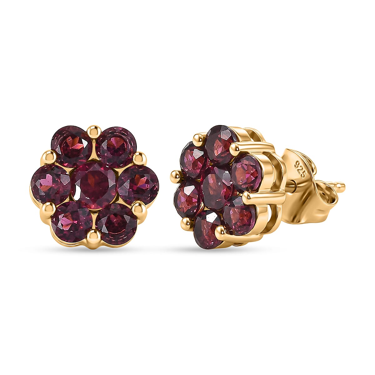 D'Joy Rhodolite Garnet Push Post Earring in Yellow Gold Plated Sterling Silver 2.61 Ct.