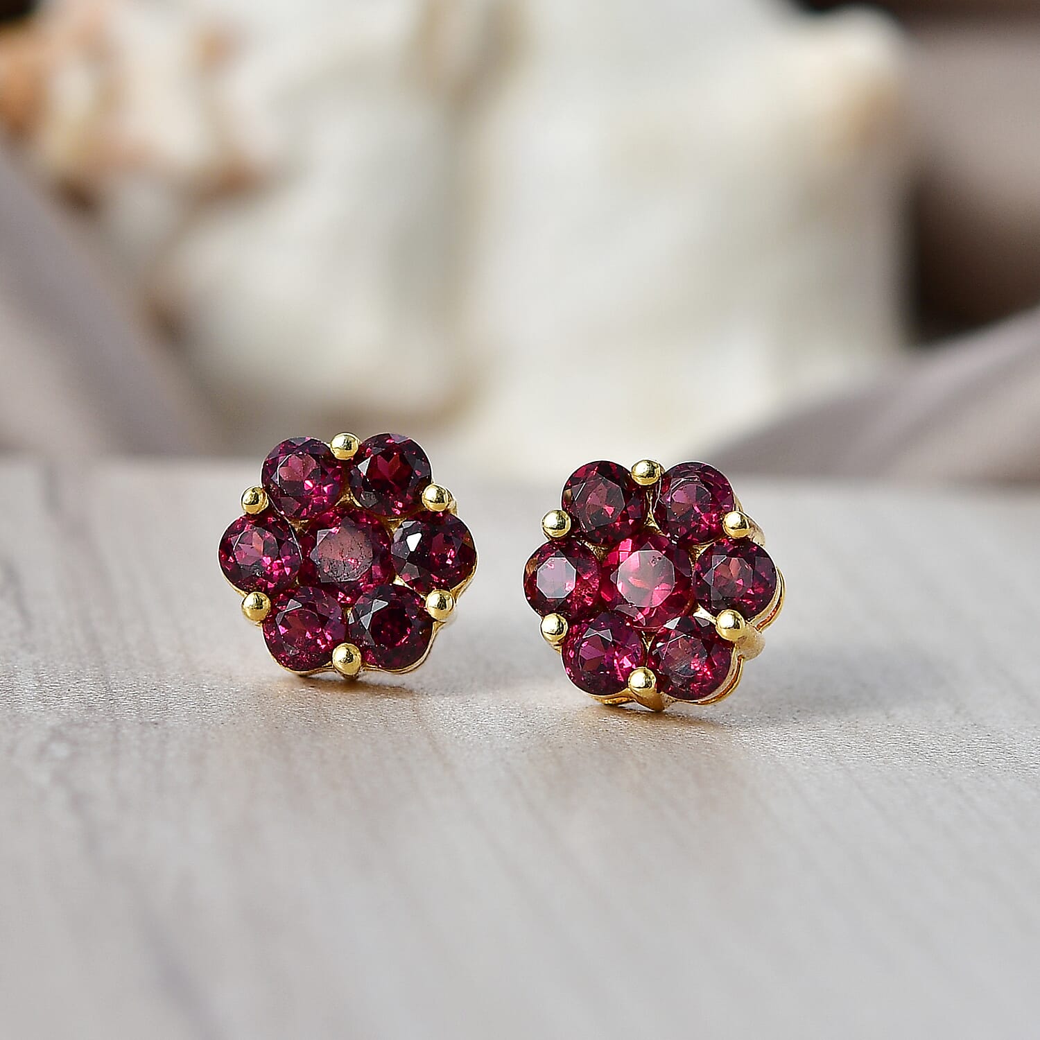 D'Joy Rhodolite Garnet Push Post Earring in Yellow Gold Plated Sterling Silver 2.61 Ct.