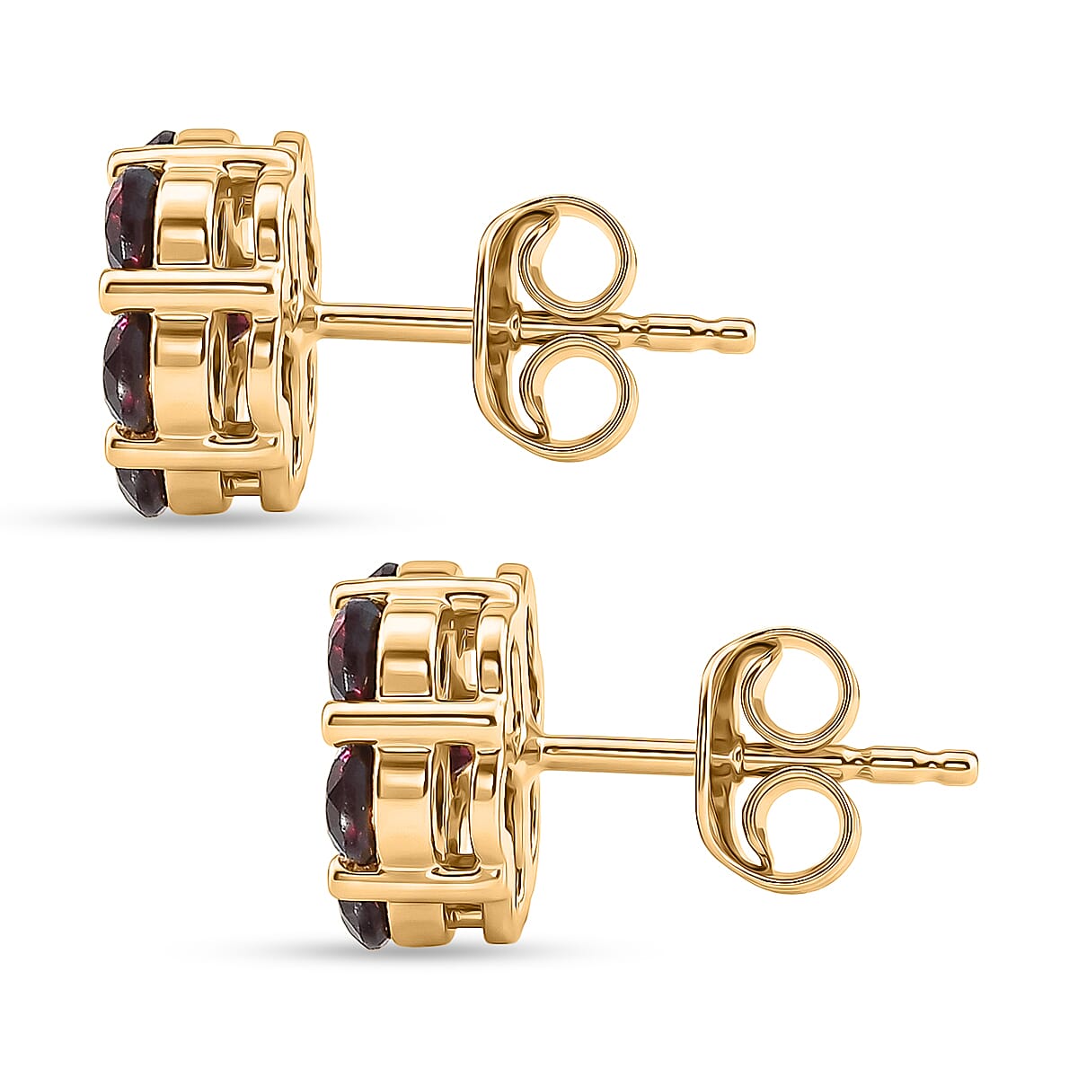 D'Joy Rhodolite Garnet Push Post Earring in Yellow Gold Plated Sterling Silver 2.61 Ct.