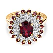 D'Joy Rhodolite Garnet & White Zircon Floral Cluster Ring in 18K Vermeil Yellow Gold Plated Sterling Silver 2.58 Ct.