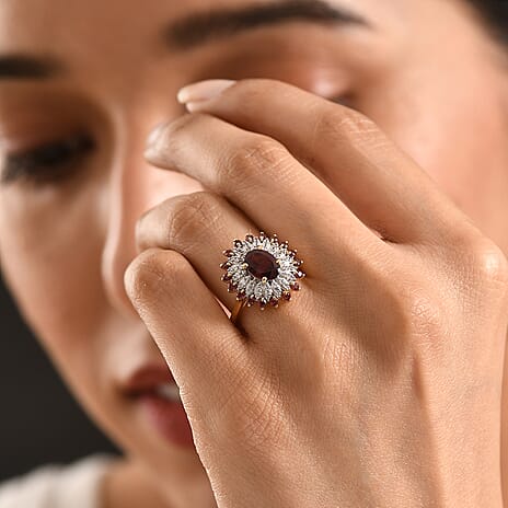 ONE TO OWN - D'Joy Rhodolite Garnet & White Zircon Floral Cluster Ring in 18K Vermeil Yellow Gold Plated Sterling Silver 2.58 Ct.