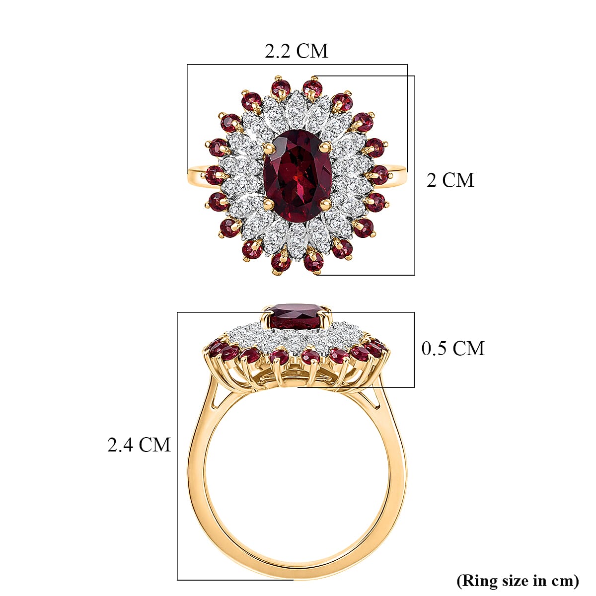 D'Joy Rhodolite Garnet & White Zircon Ring in 18K Vermeil Yellow Gold Plated Sterling Silver 2.58 Ct.