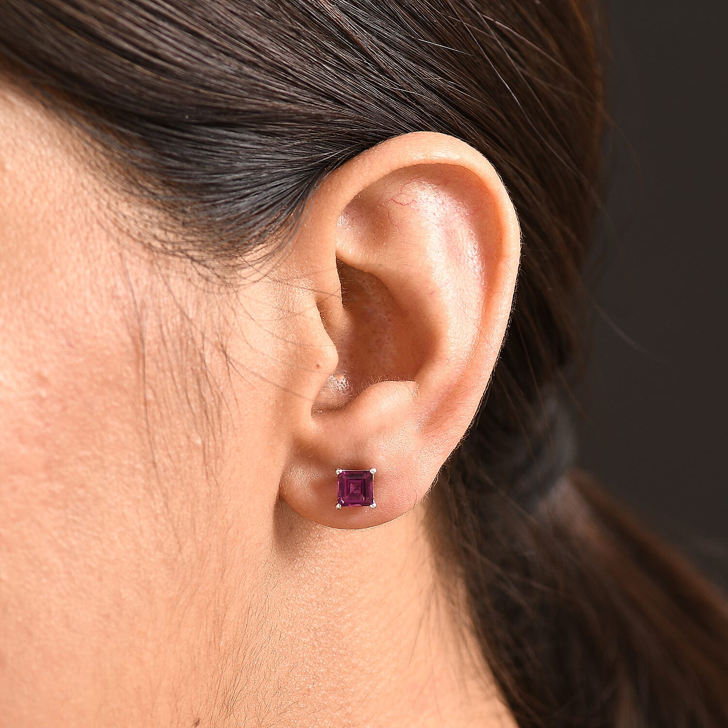 Rhodolite Garnet Solitaire Stud Push Post Earring in Platinum Overlay Sterling Silver 1.56 Ct.