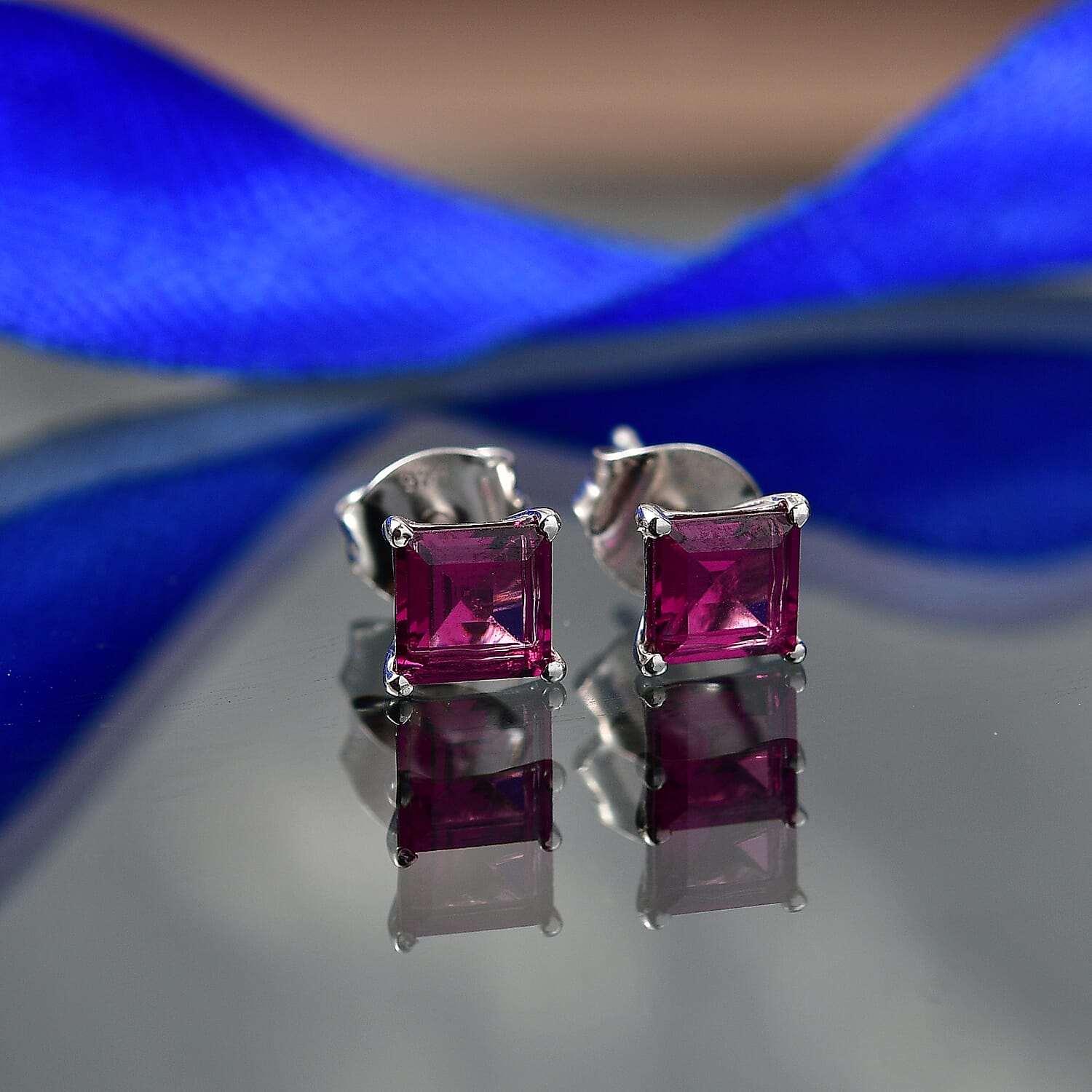 Rhodolite Garnet Solitaire Stud Push Post Earring in Platinum Overlay Sterling Silver 1.56 Ct.