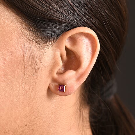 Rhodolite Garnet Solitaire Stud Push Post Earring in Yellow Gold Plated Sterling Silver 1.43 Ct.