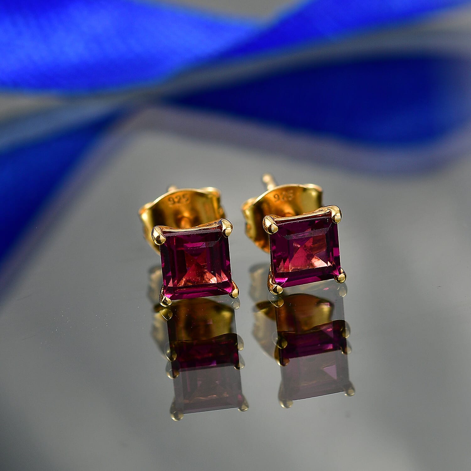 Rhodolite Garnet Solitaire Stud Push Post Earring in Yellow Gold Plated Sterling Silver 1.43 Ct.