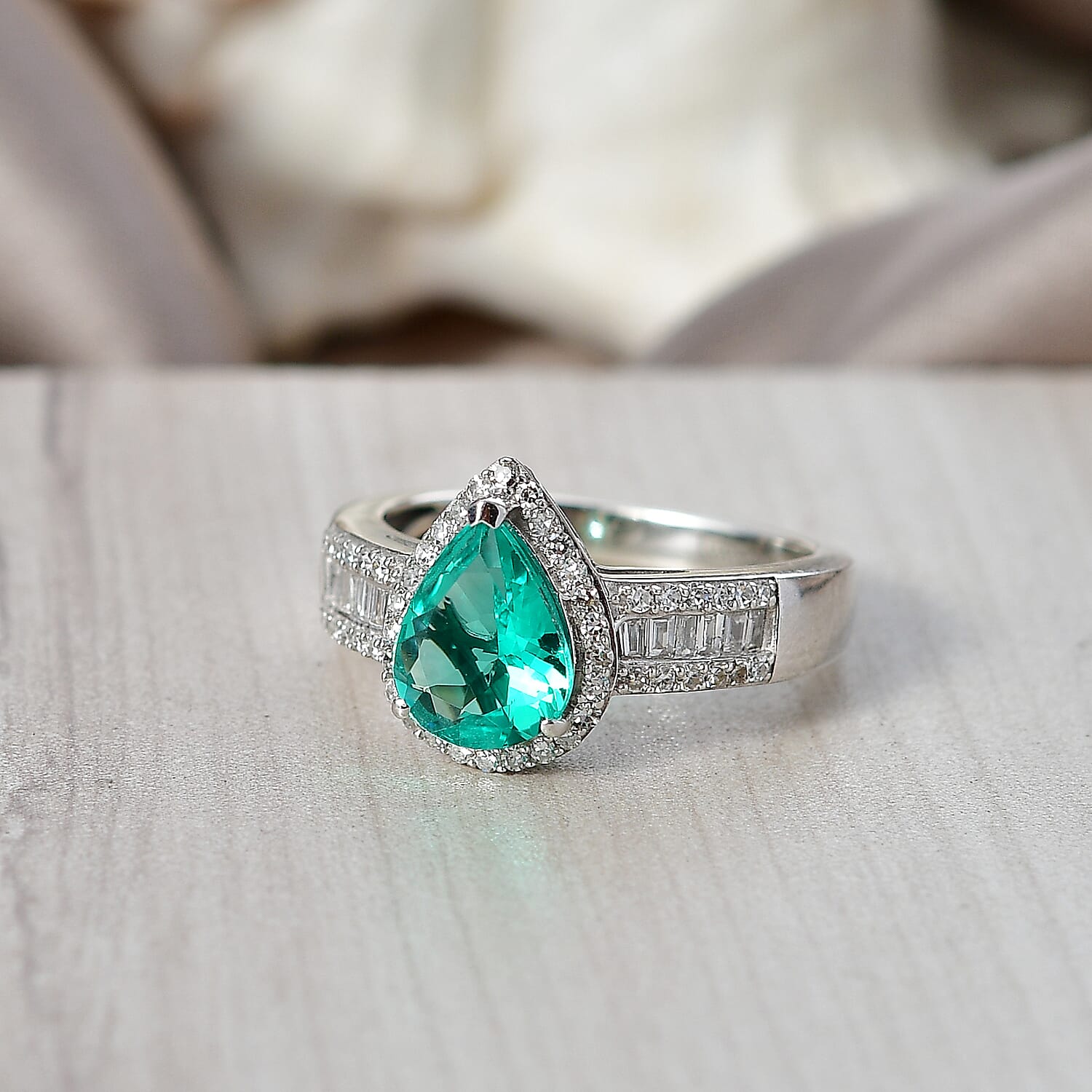 Luxuriant Lab Grown AAAA Colombian Emerald & Lab Grown Diamond (Si-GH) Pear Cut Ring in Rhodium Overlay Sterling Silver 1.74 Ct.