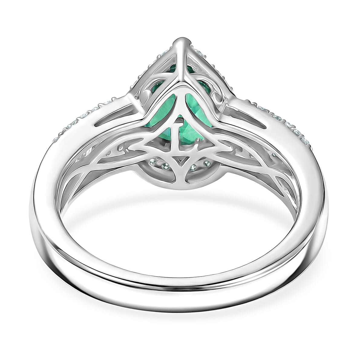 Luxuriant Lab Grown AAAA Colombian Emerald & Lab Grown Diamond (Si-GH) Pear Cut Ring in Rhodium Overlay Sterling Silver 1.74 Ct.