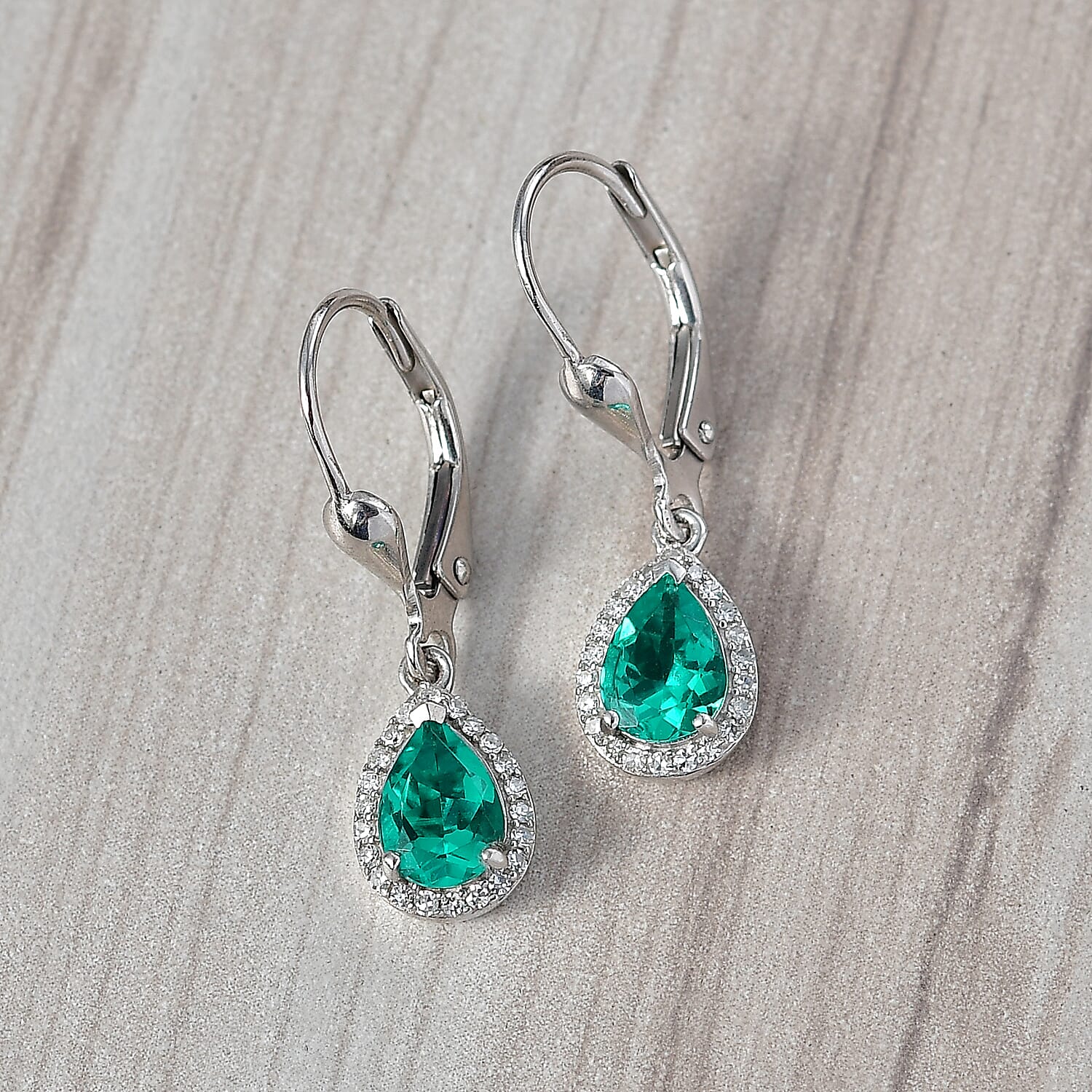Luxuriant Lab Grown AAAA Colombian Emerald & Lab Grown Diamond (Si-GH) Pear Cut Earrings in Rhodium Overlay Sterling Silver 1.34 Ct.