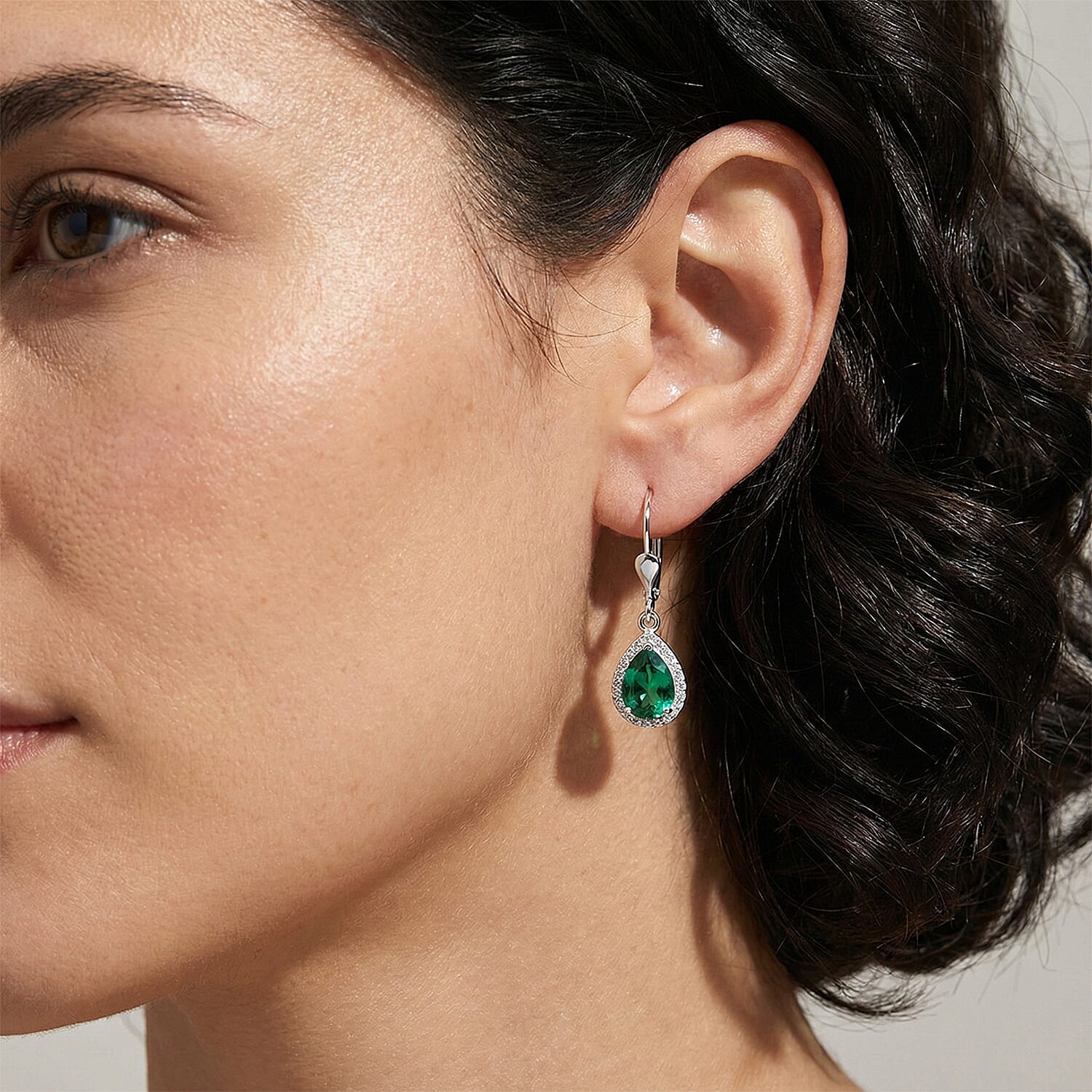 Luxuriant Lab Grown AAAA Colombian Emerald & Lab Grown Diamond (Si-GH) Pear Cut Earrings in Rhodium Overlay Sterling Silver 1.34 Ct.