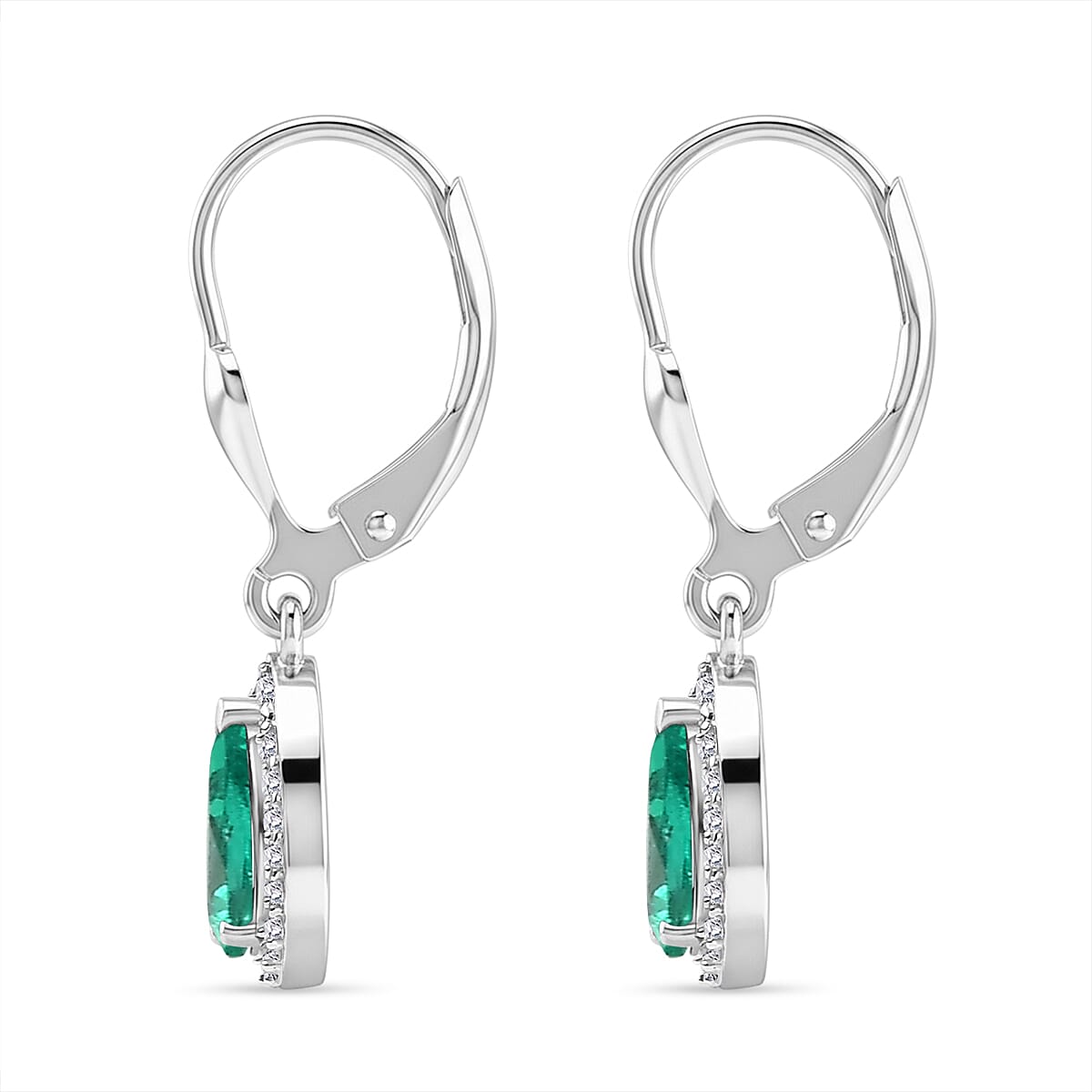 Luxuriant Lab Grown AAAA Colombian Emerald & Lab Grown Diamond (Si-GH) Pear Cut Earrings in Rhodium Overlay Sterling Silver 1.34 Ct.