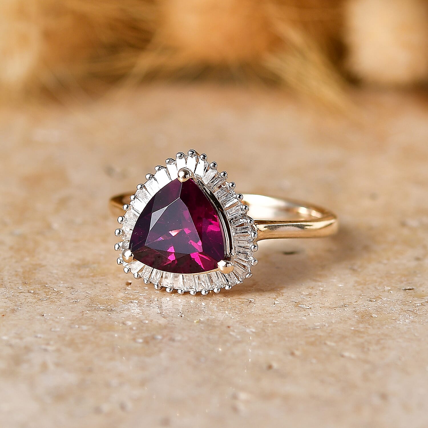 9K Yellow Gold AAA Radiant Ember Garnet & Natural White Diamond Trillion Cut Halo Ring 2.30 Ct.