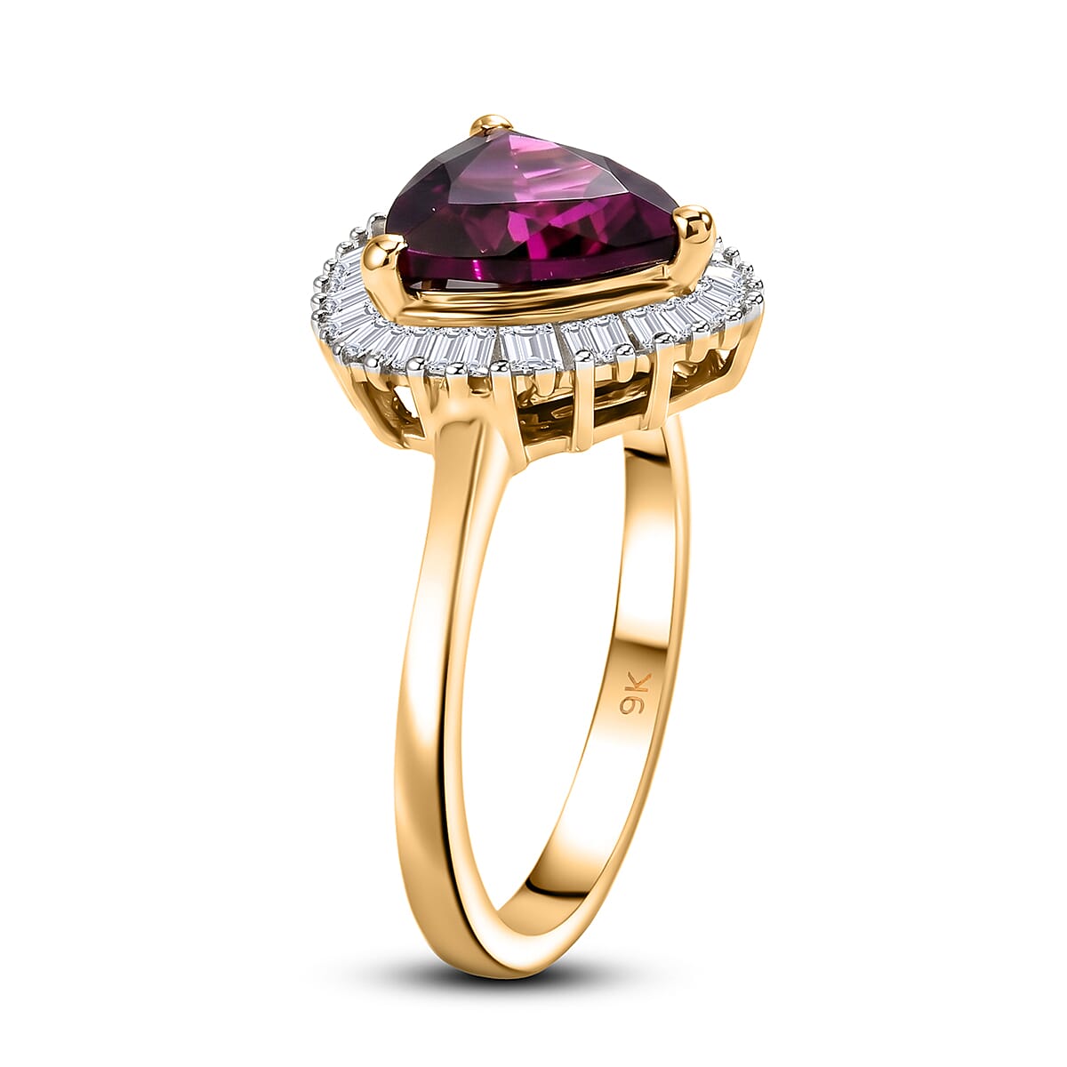 9K Yellow Gold AAA Radiant Ember Garnet & Natural White Diamond Trillion Cut Halo Ring 2.30 Ct.