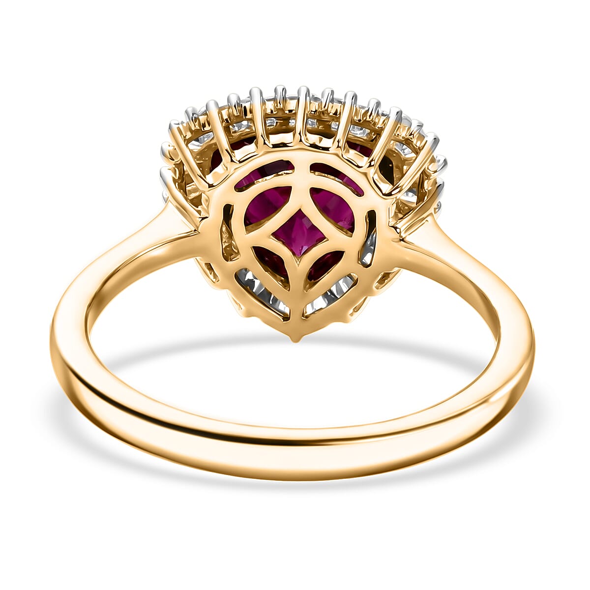 9K Yellow Gold AAA Radiant Ember Garnet & Natural White Diamond Trillion Cut Halo Ring 2.30 Ct.