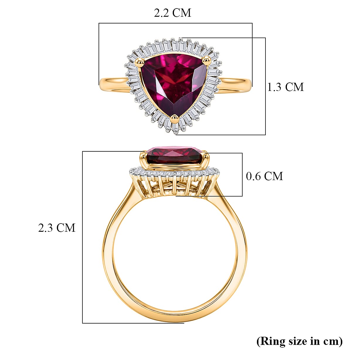 9K Yellow Gold AAA Radiant Ember Garnet & Natural White Diamond Trillion Cut Halo Ring 2.30 Ct.