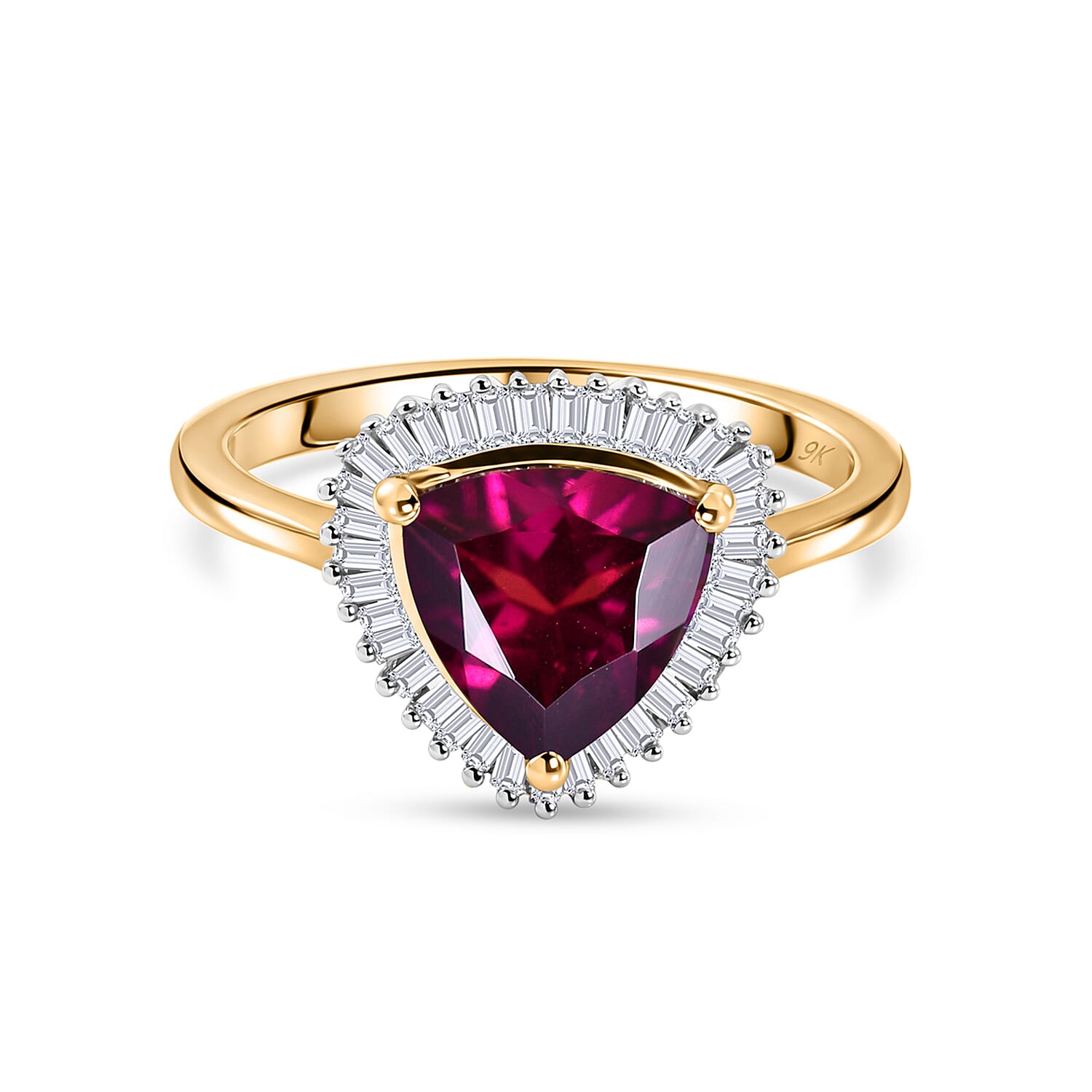 The Tony Diniz Collection - 9K Yellow Gold AAAA Natural Radiant Ember Garnet (2.07 Ct) & Natural White Diamond Trillion Cut Halo Ring 2.30 Ct.