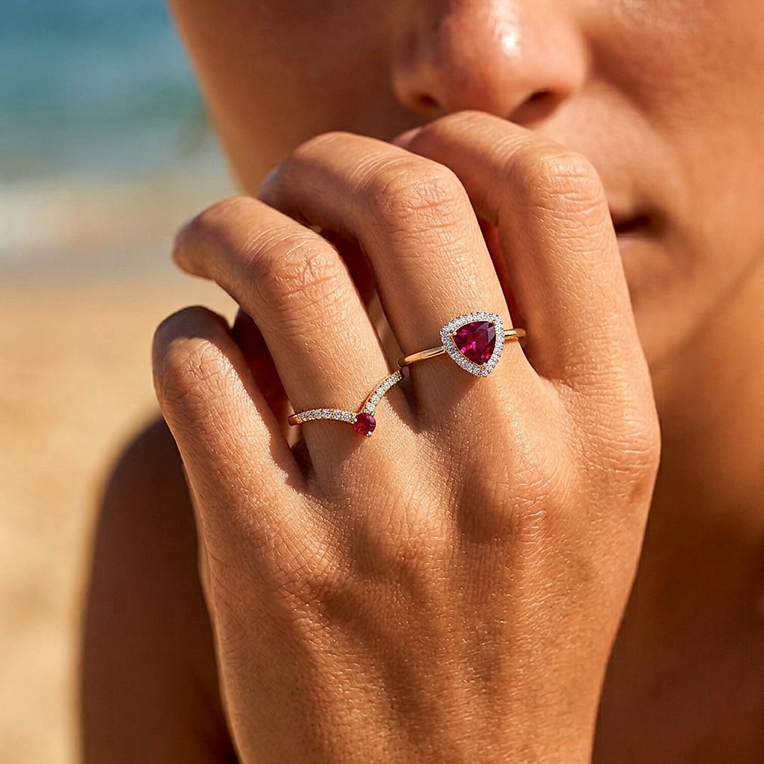 The Tony Diniz Collection - 9K Yellow Gold AAAA Natural Radiant Ember Garnet (2.07 Ct) & Natural White Diamond Trillion Cut Halo Ring 2.30 Ct.