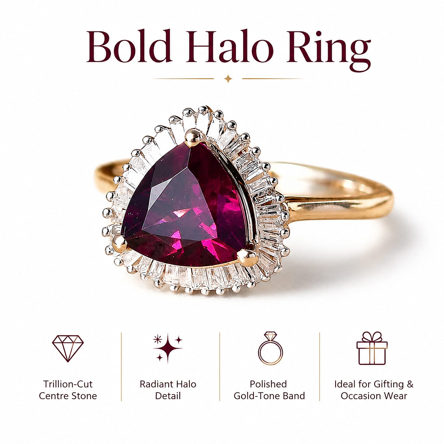 The Tony Diniz Collection - 9K Yellow Gold AAAA Natural Radiant Ember Garnet (2.07 Ct) & Natural White Diamond Trillion Cut Halo Ring 2.30 Ct.