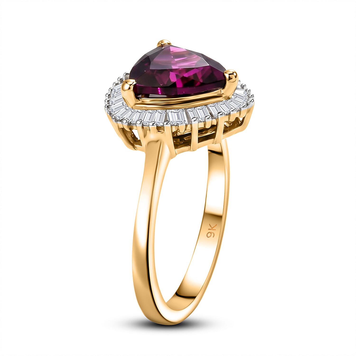 The Tony Diniz Collection - 9K Yellow Gold AAAA Natural Radiant Ember Garnet (2.07 Ct) & Natural White Diamond Trillion Cut Halo Ring 2.30 Ct.