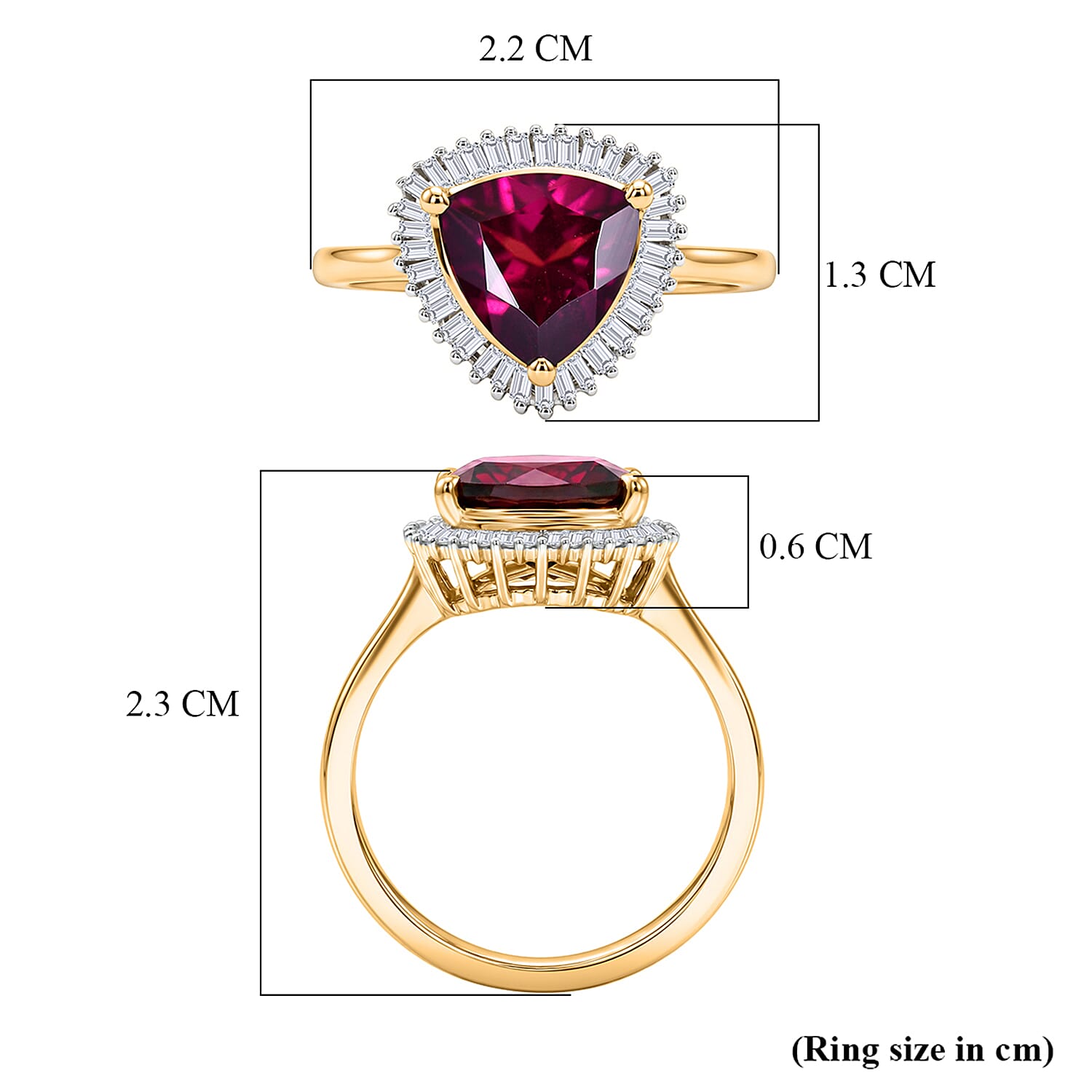 The Tony Diniz Collection - 9K Yellow Gold AAAA Natural Radiant Ember Garnet (2.07 Ct) & Natural White Diamond Trillion Cut Halo Ring 2.30 Ct.