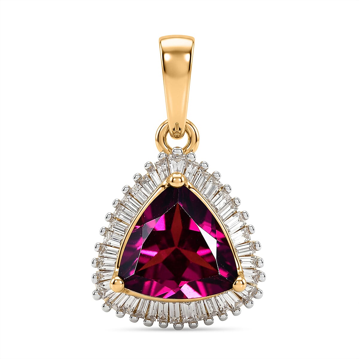 9K Yellow Gold AAA Radiant Ember Garnet & Natural White Diamond Trillion Cut Halo Pendant 2.30 Ct.