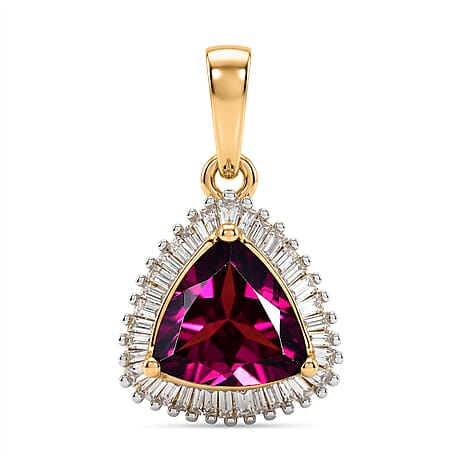 9K Yellow Gold AAA Radiant Ember Garnet & Natural White Diamond Trillion Cut Halo Pendant 2.30 Ct.