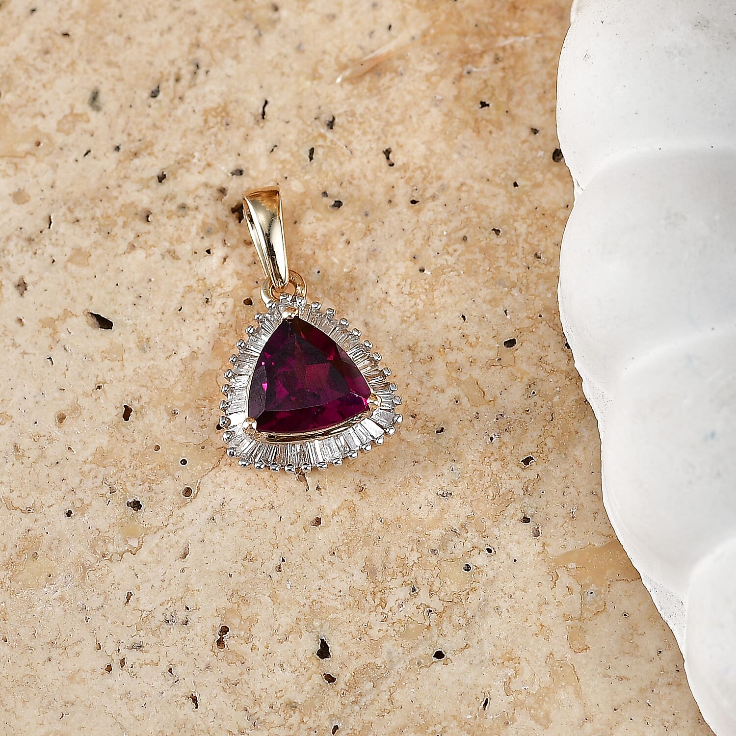 9K Yellow Gold AAA Radiant Ember Garnet & Natural White Diamond Trillion Cut Halo Pendant 2.30 Ct.