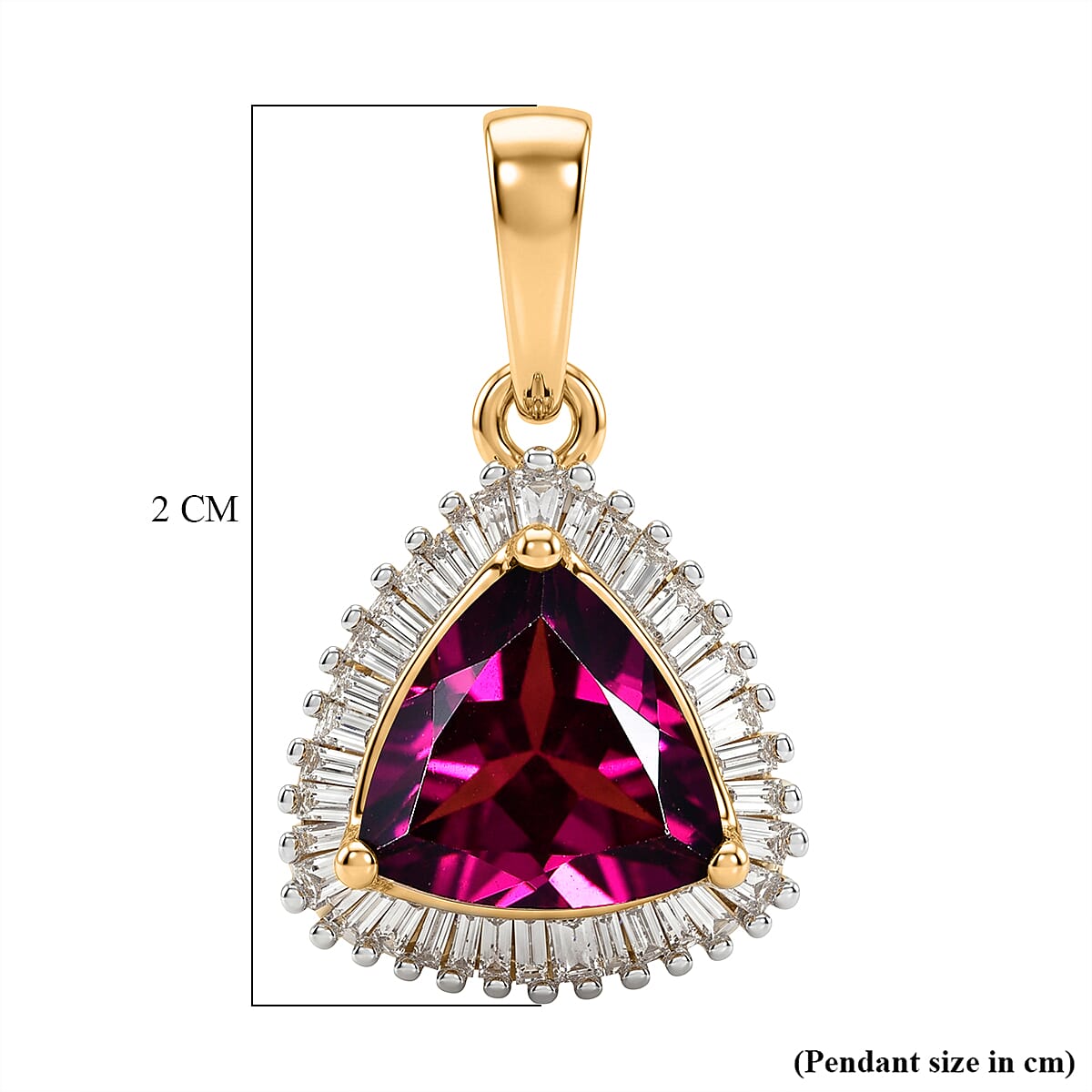 9K Yellow Gold AAA Radiant Ember Garnet & Natural White Diamond Trillion Cut Halo Pendant 2.30 Ct.