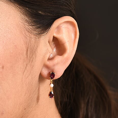 D'Joy Rhodolite Garnet & Fresh Water Pearl Solitaire Stud Push Post Earring in Yellow Gold Plated Sterling Silver 2.56 Ct.
