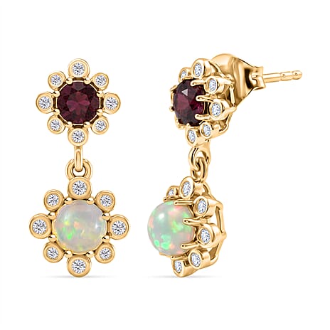 D'Joy Rhodolite Garnet, White Zircon & Ethiopian Opal Dangling Push Post Earring in Yellow Gold Plated Sterling Silver 1.91 Ct.