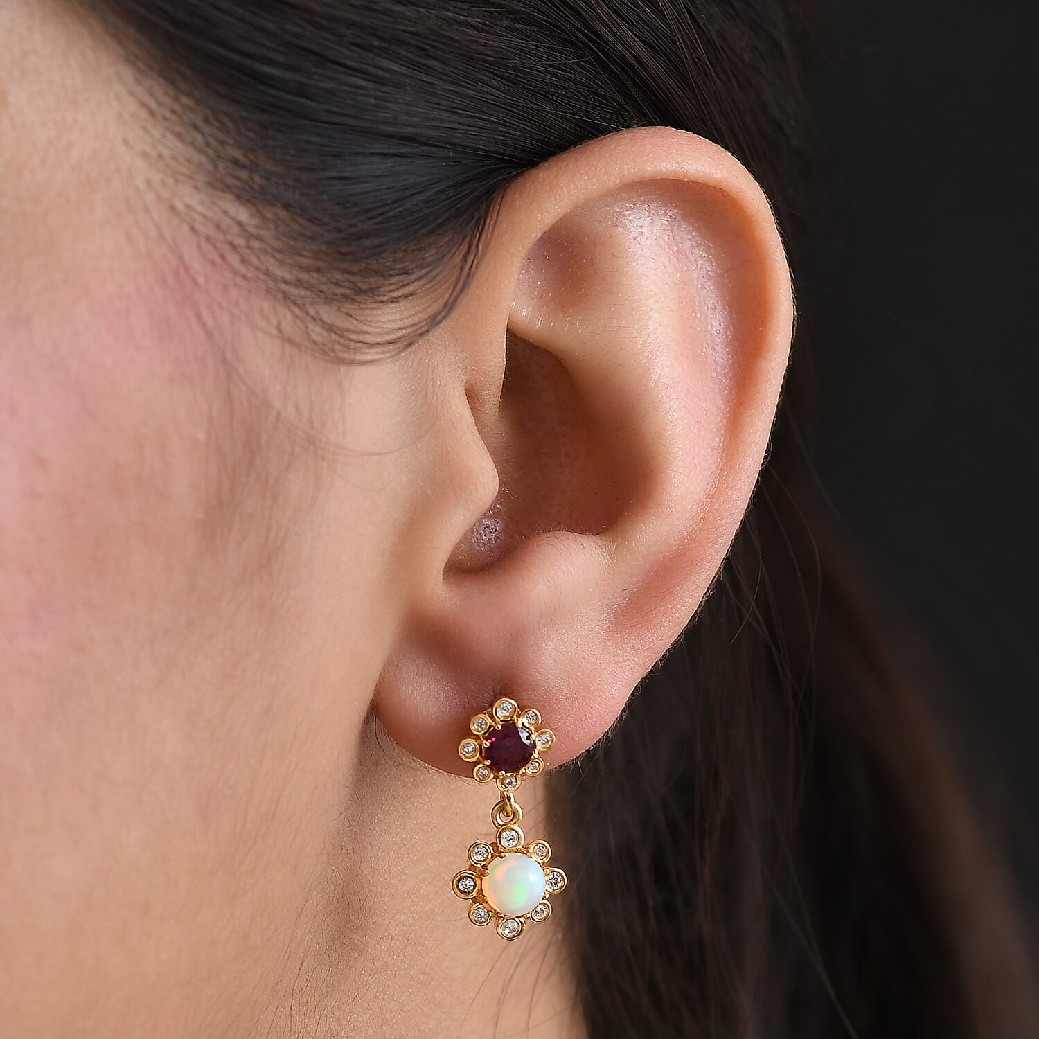 D'Joy Rhodolite Garnet, White Zircon & Ethiopian Opal Dangling Push Post Earring in Yellow Gold Plated Sterling Silver 1.91 Ct.