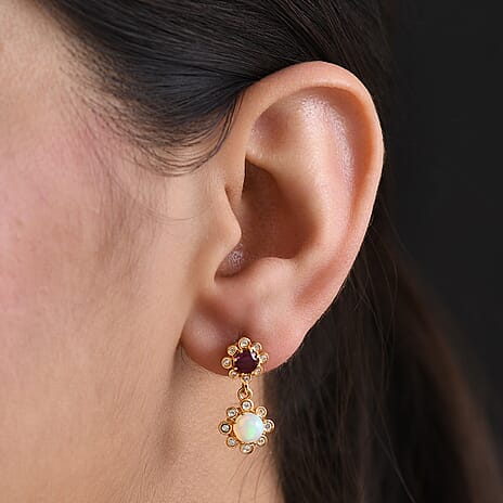 D'Joy Rhodolite Garnet, White Zircon & Ethiopian Opal Dangling Push Post Earring in Yellow Gold Plated Sterling Silver 1.91 Ct.