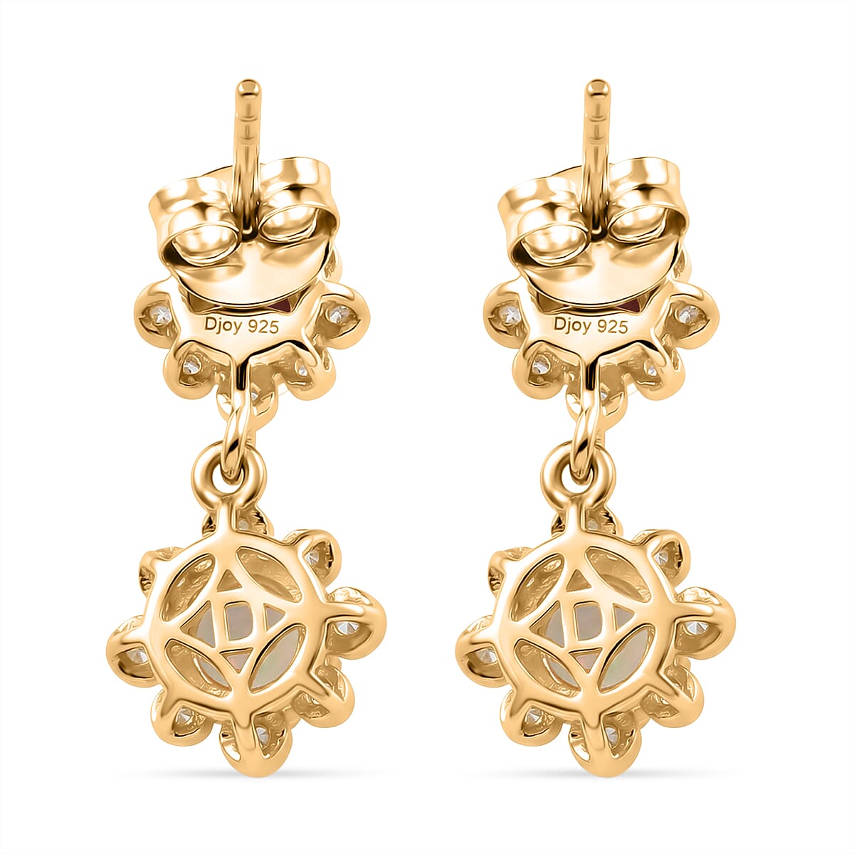 D'Joy Rhodolite Garnet, White Zircon & Ethiopian Opal Dangling Push Post Earring in Yellow Gold Plated Sterling Silver 1.91 Ct.