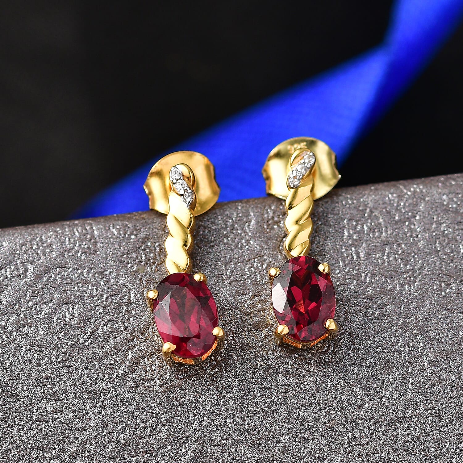 D'Joy Rhodolite Garnet & White Zircon Dangling Push Back Earring in Yellow Gold Plated Sterling Silver 2.03 Ct.