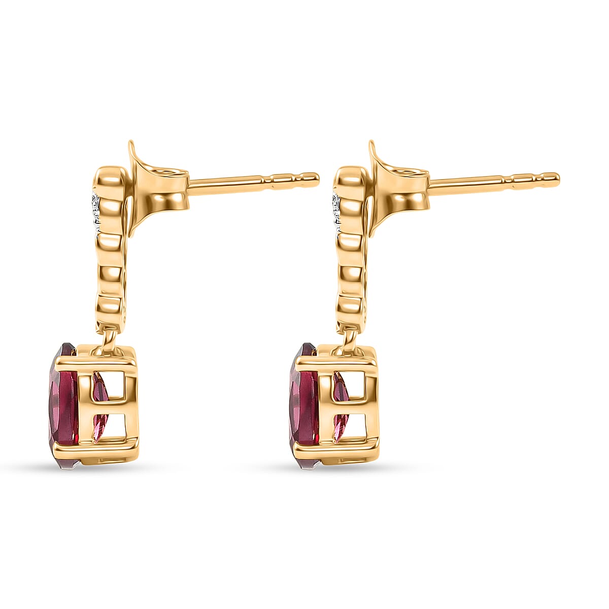 D'Joy Rhodolite Garnet & White Zircon Dangling Push Back Earring in Yellow Gold Plated Sterling Silver 2.03 Ct.