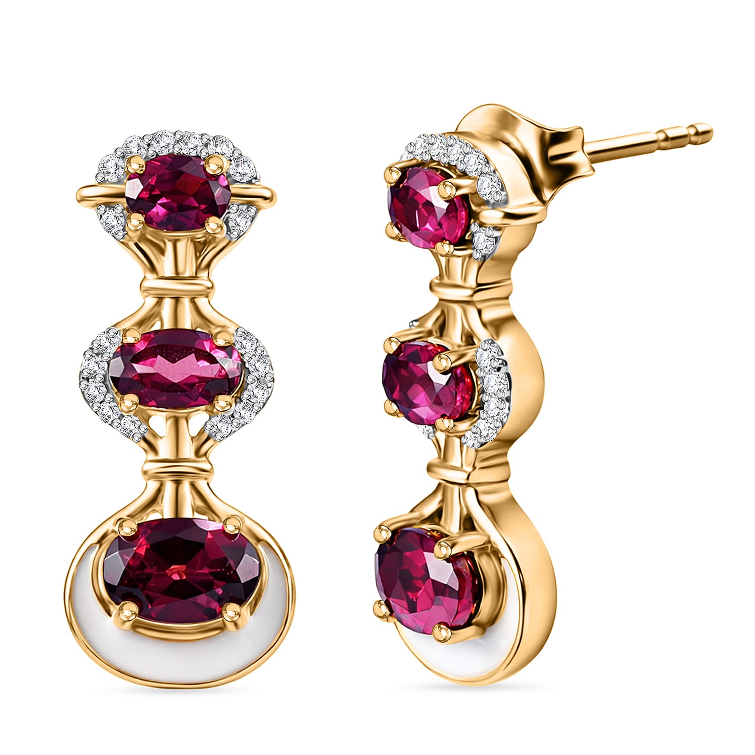 D'Joy Rhodolite Garnet & White Zircon Vertical Drop Push Post Earring in Yellow Gold Plated Sterling Silver 2.42 Ct.