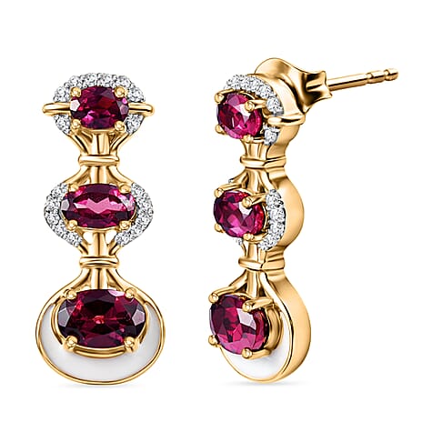 D'Joy Rhodolite Garnet & White Zircon Vertical Drop Push Post Earring in Yellow Gold Plated Sterling Silver 2.42 Ct.