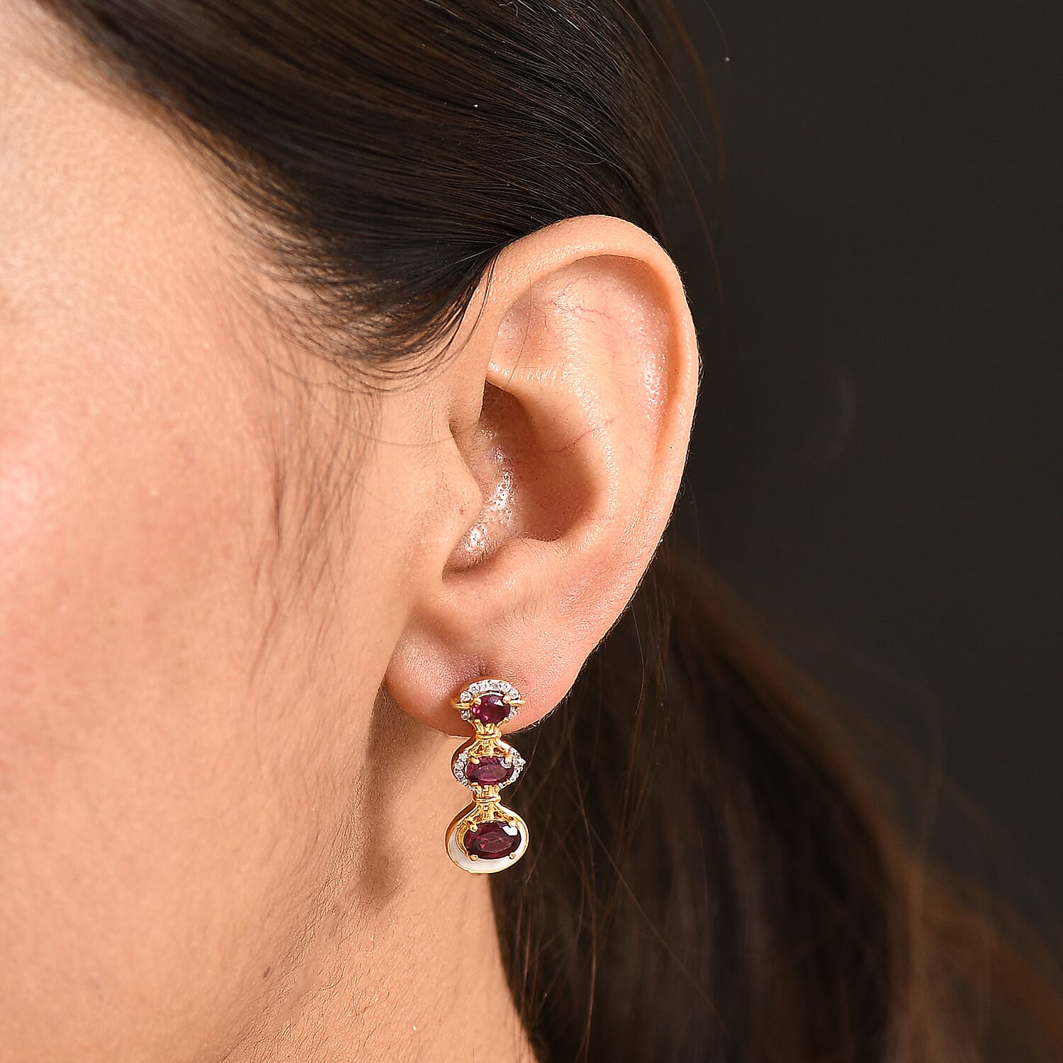 D'Joy Rhodolite Garnet & White Zircon Vertical Drop Push Post Earring in Yellow Gold Plated Sterling Silver 2.42 Ct.