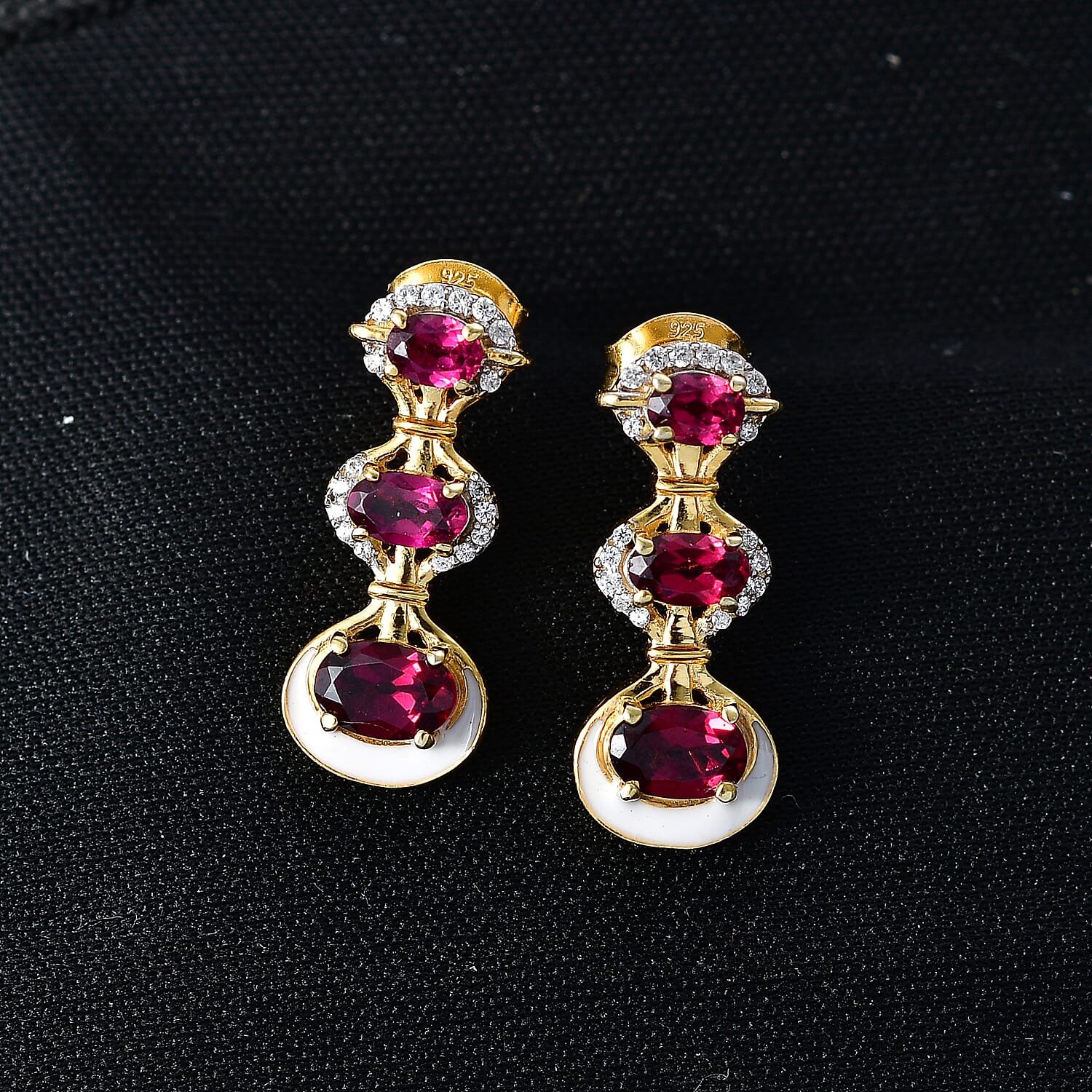 D'Joy Rhodolite Garnet & White Zircon Vertical Drop Push Post Earring in Yellow Gold Plated Sterling Silver 2.42 Ct.