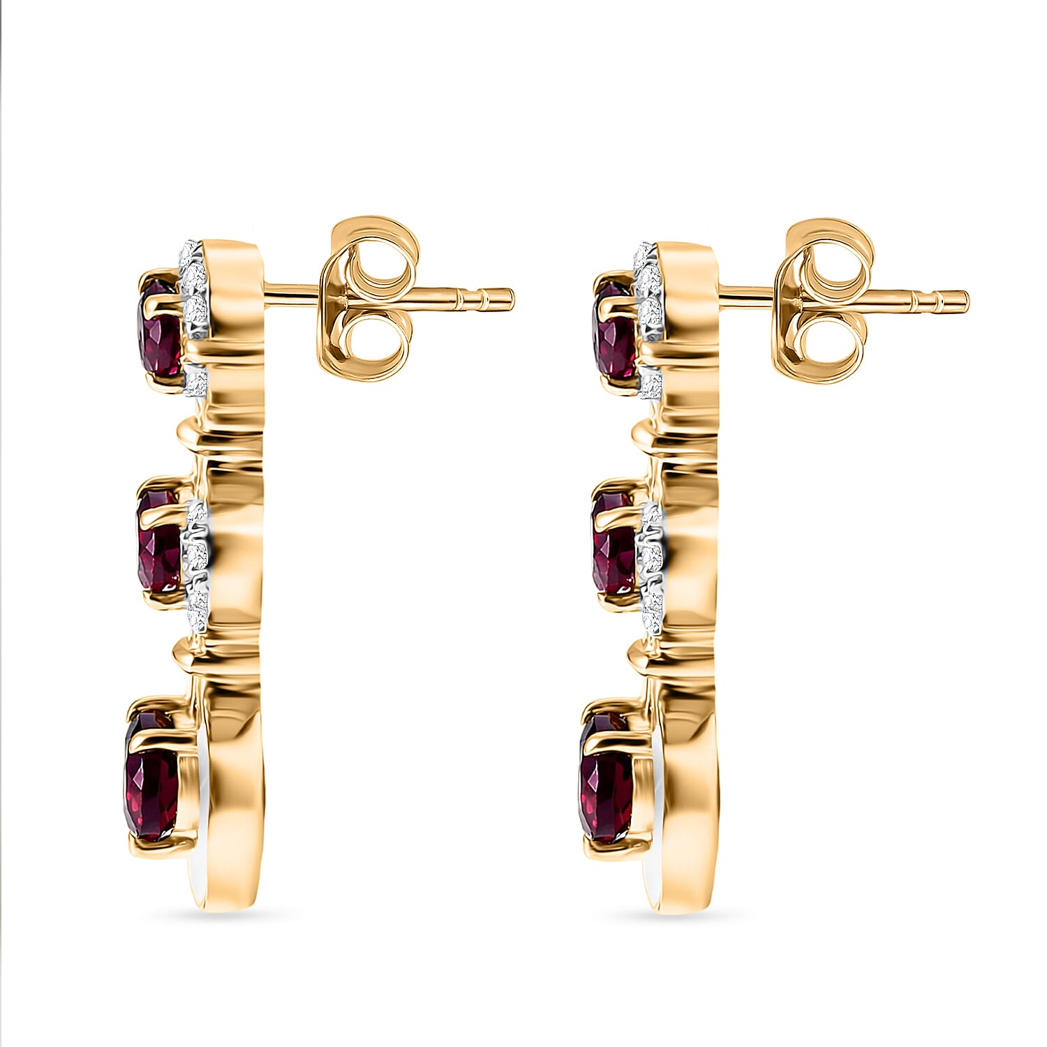 D'Joy Rhodolite Garnet & White Zircon Vertical Drop Push Post Earring in Yellow Gold Plated Sterling Silver 2.42 Ct.