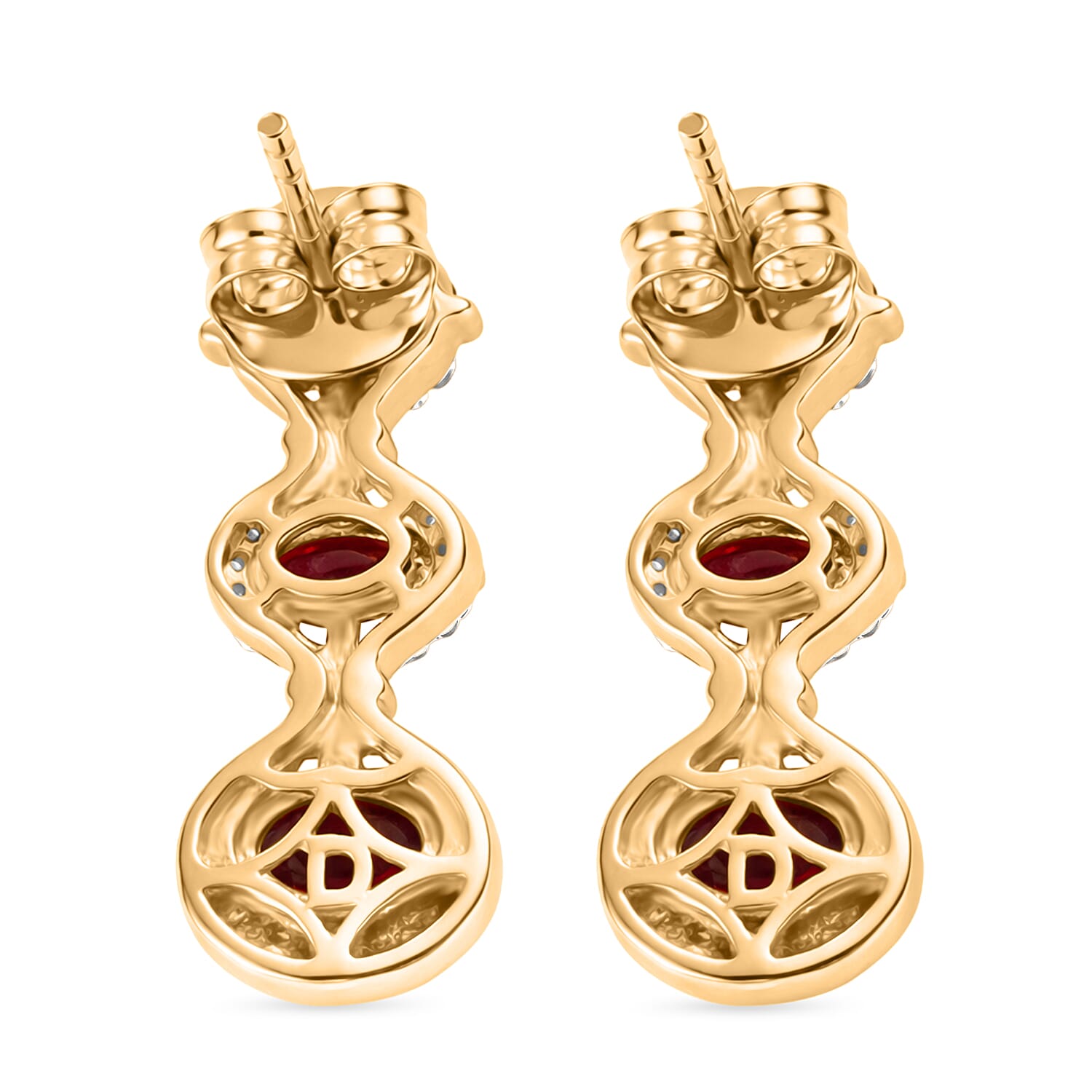 D'Joy Rhodolite Garnet & White Zircon Vertical Drop Push Post Earring in Yellow Gold Plated Sterling Silver 2.42 Ct.