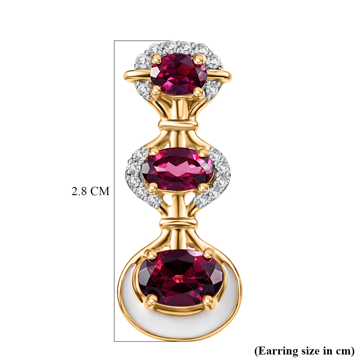 D'Joy Rhodolite Garnet & White Zircon Vertical Drop Push Post Earring in Yellow Gold Plated Sterling Silver 2.42 Ct.