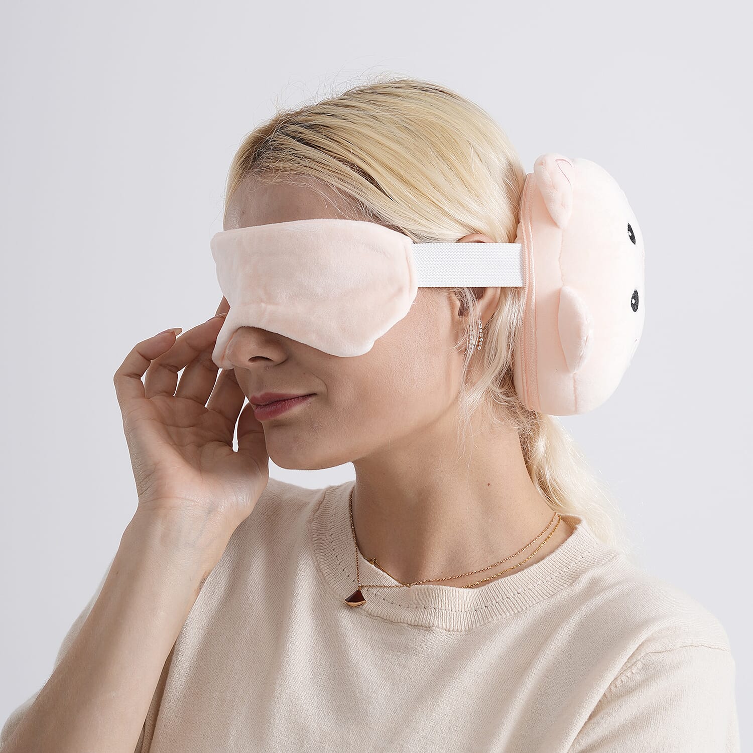 2-in-1 Pig Pattern Eye Mask & Neck Pillow Duo - Peach