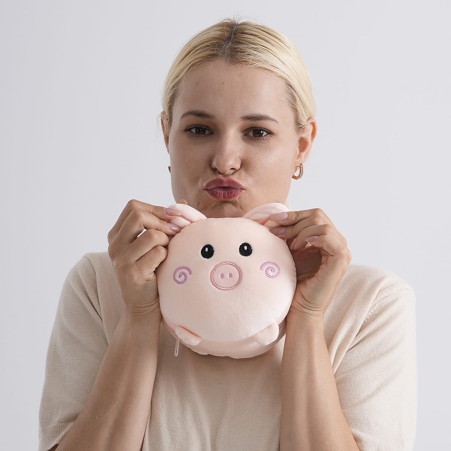 2-in-1 Pig Pattern Eye Mask & Neck Pillow Duo - Peach