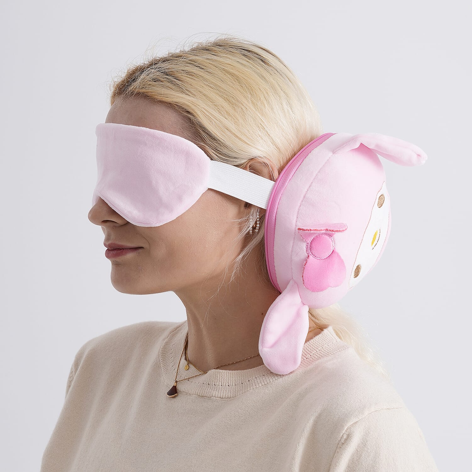 2-in-1 Rabit Pattern Eye Mask & Neck Pillow Duo - Pink