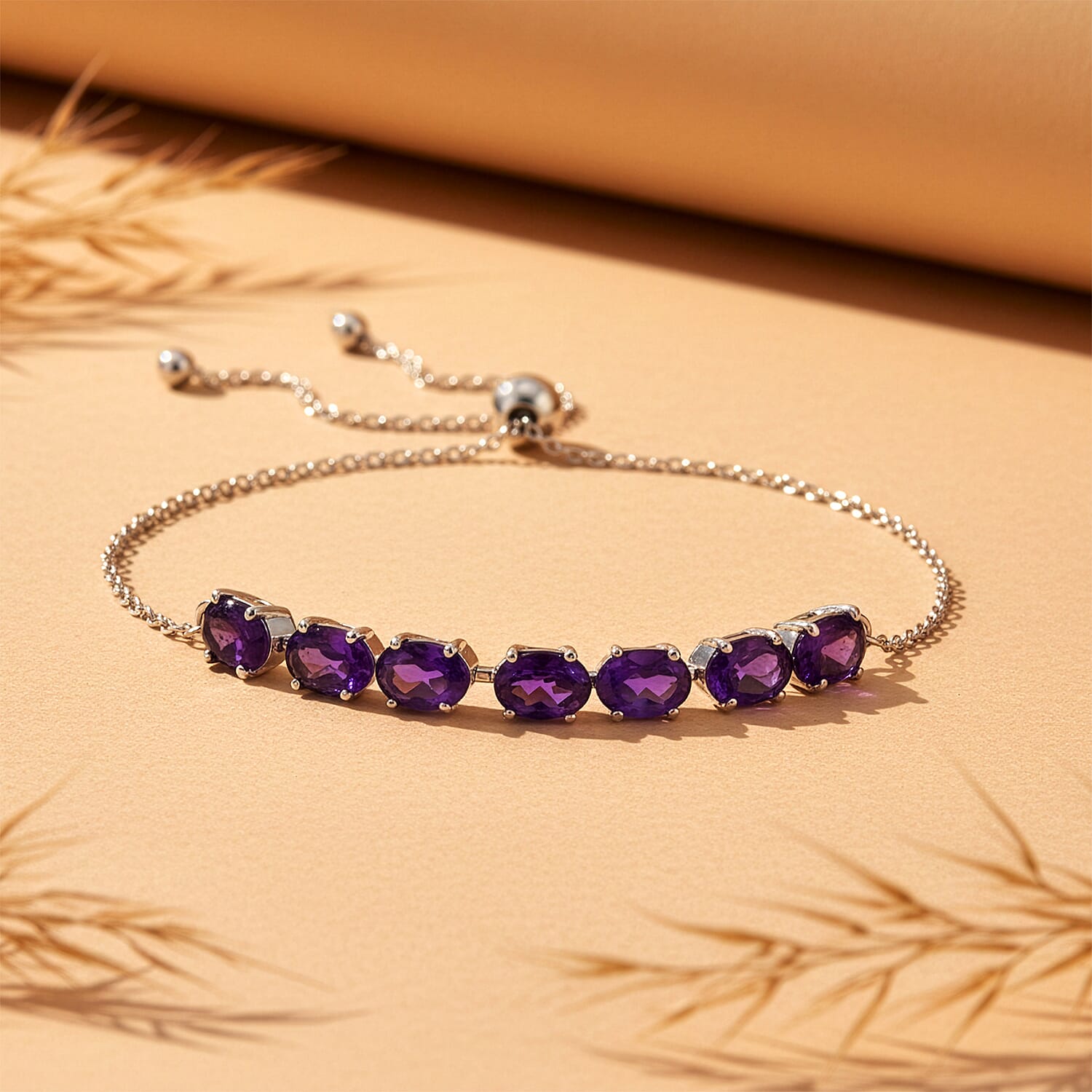 D'Joy AAA African Amethyst Adjustable Tennis Bracelet (Size - 10.5) in Platinum Overlay Sterling Silver 4.89 Ct.
