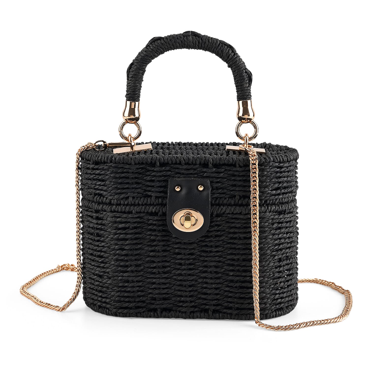 Vintage Style Straw Box Bag with Twist-Lock Clasp - Gold Chain Strap - Black