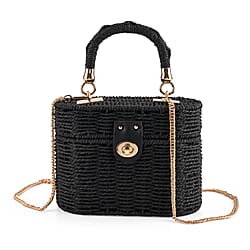 Vintage Style Straw Box Bag with Twist-Lock Clasp - Gold Chain Strap - Beige