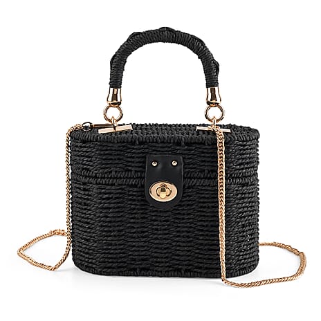 Vintage Style Straw Box Bag with Twist-Lock Clasp - Gold Chain Strap - Black