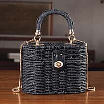 Vintage Style Straw Box Bag with Twist-Lock Clasp & Gold Chain Strap - Black
